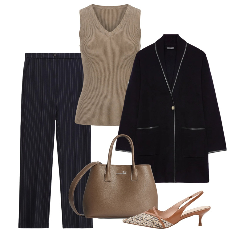 Outfit donna - Gessato chic. Stile Chic per Tutti i giorni. Abbinamento con canottiere, borse a tracolla, cardigans, pantaloni, décolleté.