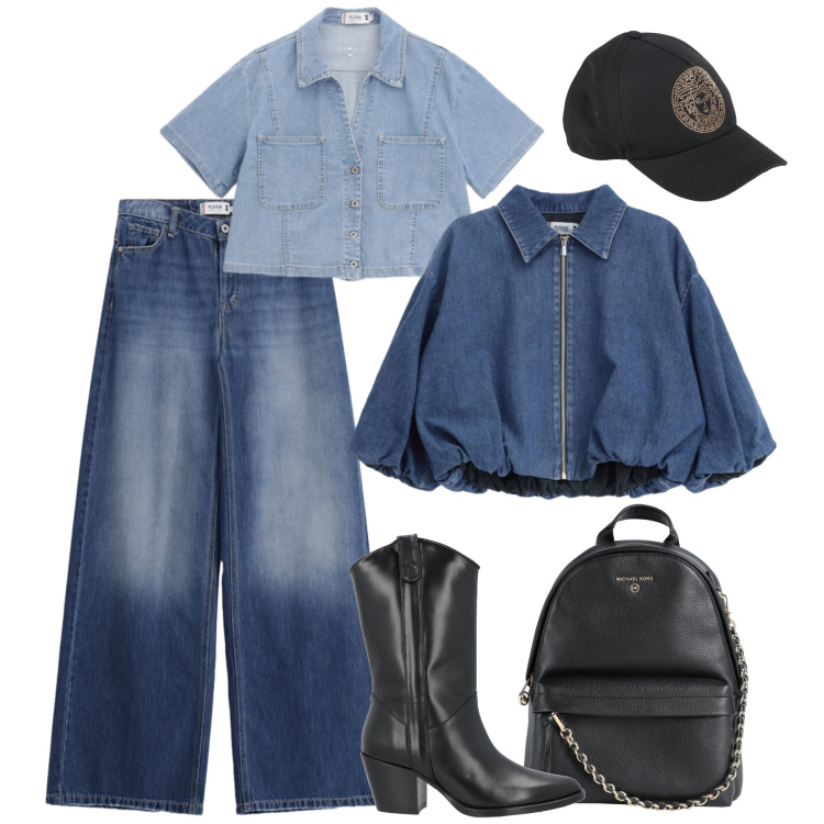 Outfit donna - Denim Please. Stile Casual per Tutti i giorni. Abbinamento con zaini, stivaletti texani, cappelli con visiera, blazer, jeans, camicie a manica corta.