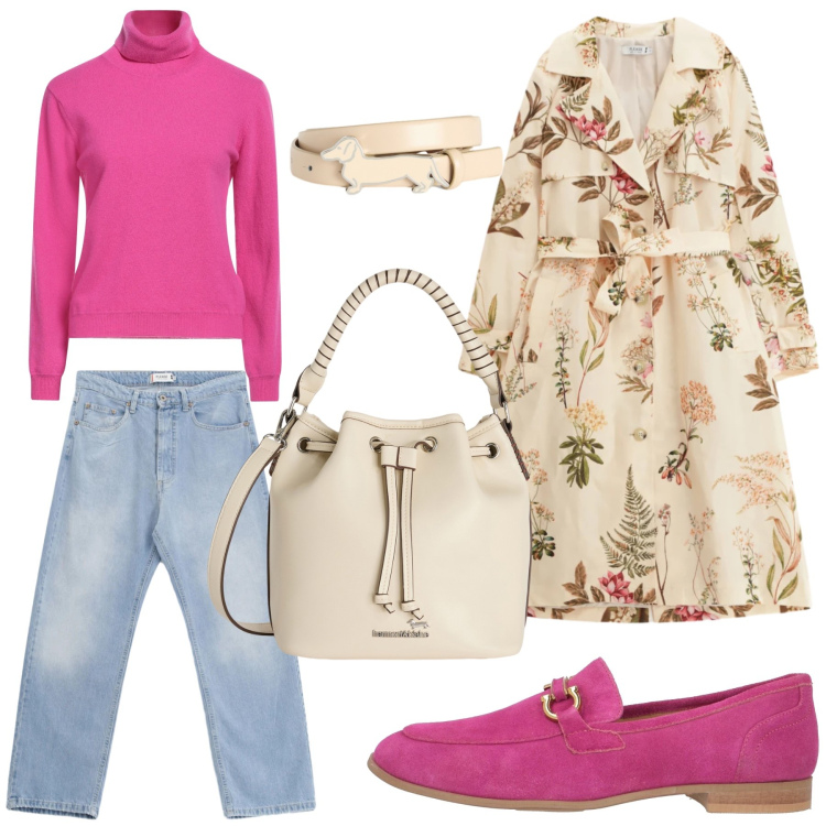 Outfit donna - Stile primaverile. Stile Casual chic per Tutti i giorni. Abbinamento con mocassini, maglieria, borse a secchiello, cinture, trench, jeans.