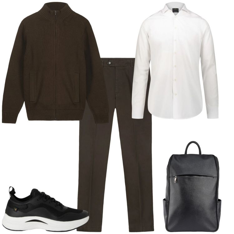 Outfit uomo - Trendy ufficio tempo libero. Stile Trendy per Ufficio. Abbinamento con sneakers, camicie, pantaloni chino, borse sportive, cardigans.