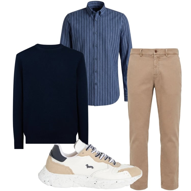 Outfit uomo - Total look #2349319. Stile Trendy per Tutti i giorni. Abbinamento con pantaloni chino, camicie, sneakers, maglieria.