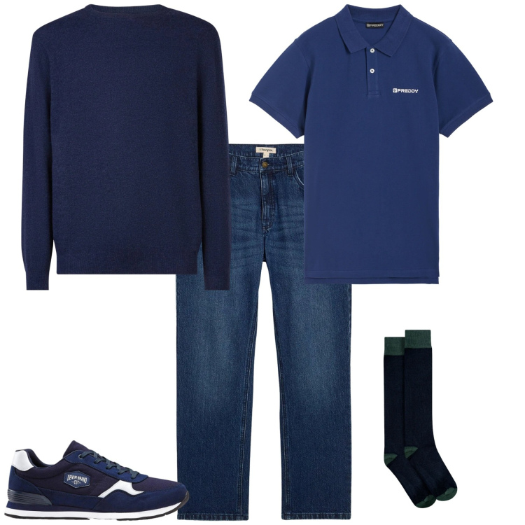 Outfit uomo - Casual ufficio tempo libero. Stile Trendy per Tutti i giorni. Abbinamento con sneakers, jeans dritti, polo, maglieria, calzini.