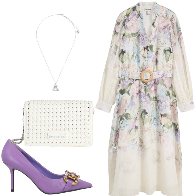 Outfit donna - Total look #2349325. Stile Glamour per Cerimonia. Abbinamento con décolleté, vestiti midi/longuette, borse a tracolla, ciondoli.