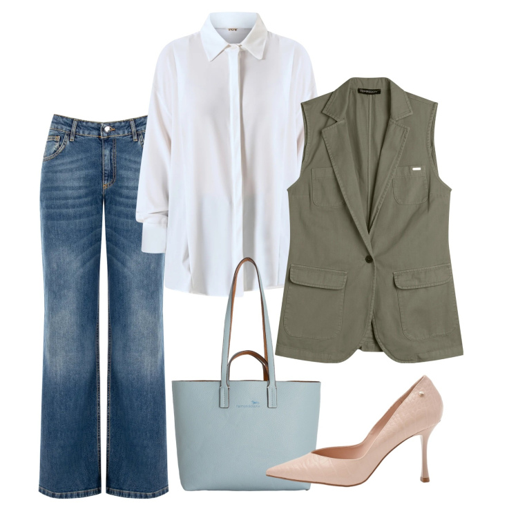 Outfit donna - Marzo. Stile Bon Ton per Ufficio. Abbinamento con shopping bag, gilet, décolleté, jeans, camicie.