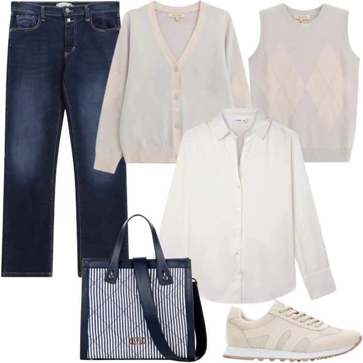 Outfit donna - Pastello e denim. Stile Casual per Tutti i giorni. Abbinamento con sneakers, camicie, jeans dritti, cardigans, maglieria, shopping bag.
