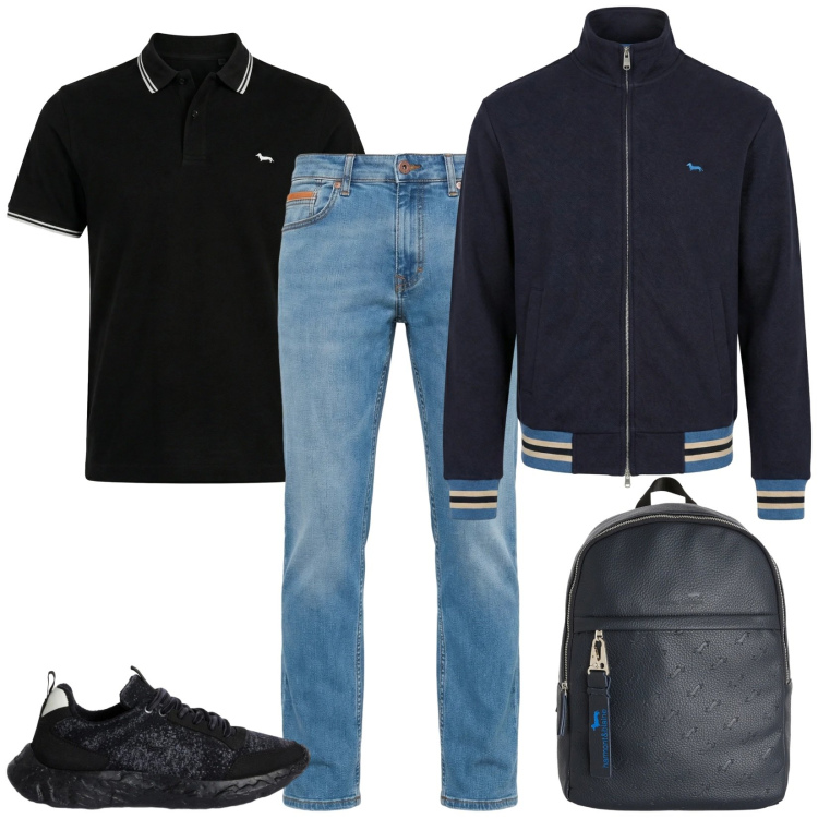 Outfit uomo - Going to school. Stile Casual per Tutti i giorni. Abbinamento con jeans, sneakers, polo, felpe, borse sportive.