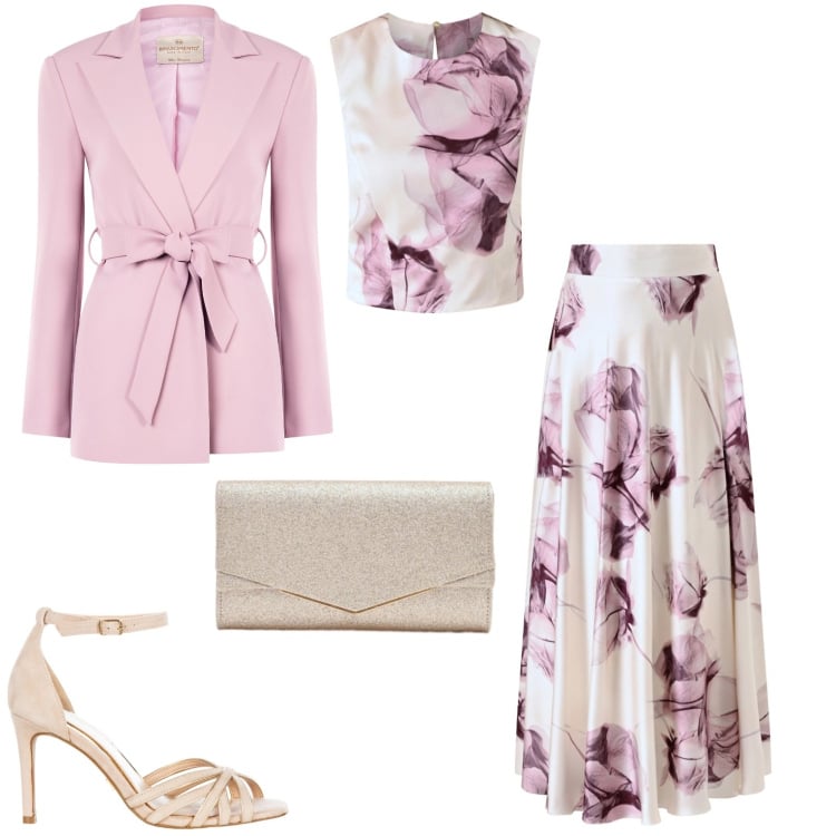 Outfit donna - Tempo di matrimoni. Stile Chic per Cerimonia. Abbinamento con clutch, sandali col tacco, gonne lunghe, top, blazer.