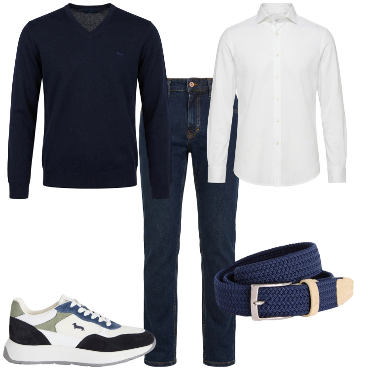 Outfit uomo - Trendy week end. Stile Trendy per Serata speciale. Abbinamento con cinture, sneakers, jeans, pullovers, camicie.