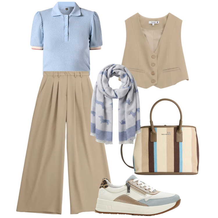 Outfit donna - Soft spring. Stile Casual chic per Tutti i giorni. Abbinamento con sneakers, shopping bag, sciarpe, gilet, pantaloni a palazzo, polo.