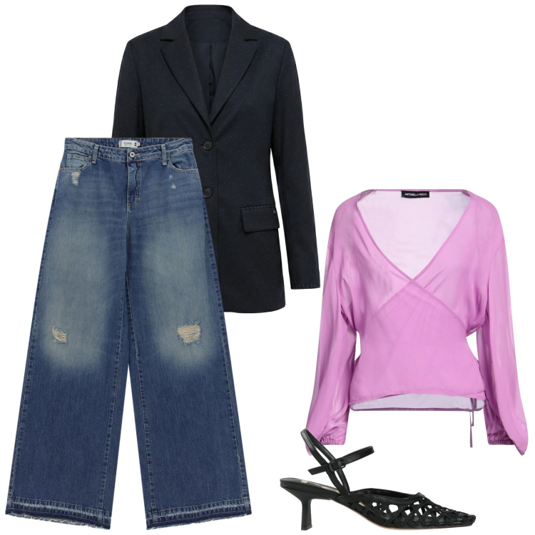 Outfit donna - Serata comoda. Stile Casual per Serata fuori. Abbinamento con décolleté, top, blazer, jeans dritti.
