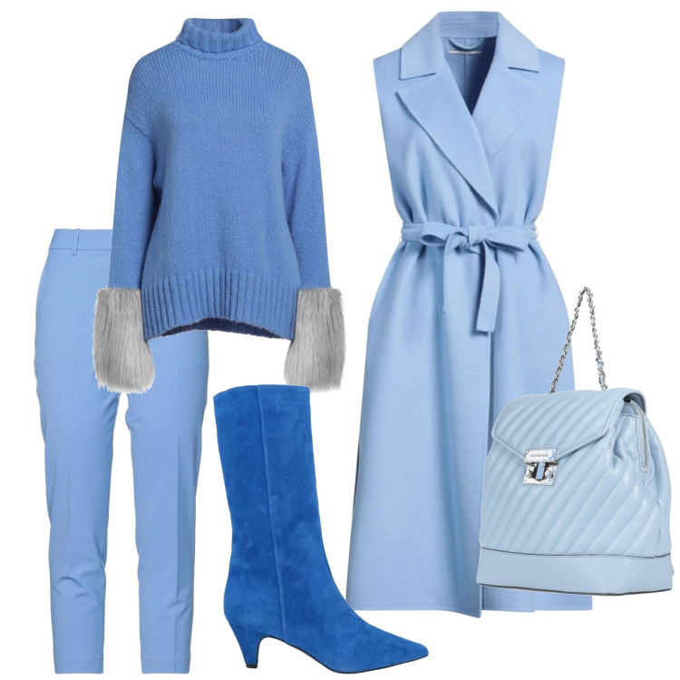 Outfit donna - Look azzurro. Stile Casual chic per Tutti i giorni. Abbinamento con maglieria, stivali, cappotti, zaini, pantaloni.
