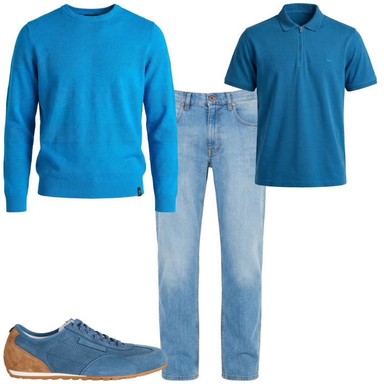 Outfit uomo - Trendy ufficio tempo libero. Stile Trendy per Tutti i giorni. Abbinamento con jeans, sneakers, maglieria, polo.