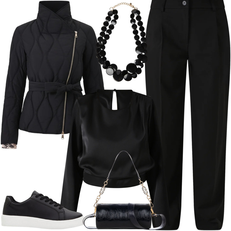Outfit donna - Total black classico. Stile Sporty chic per Ufficio. Abbinamento con sneakers, collane, piumini, borse a mano, pantaloni, bluse.