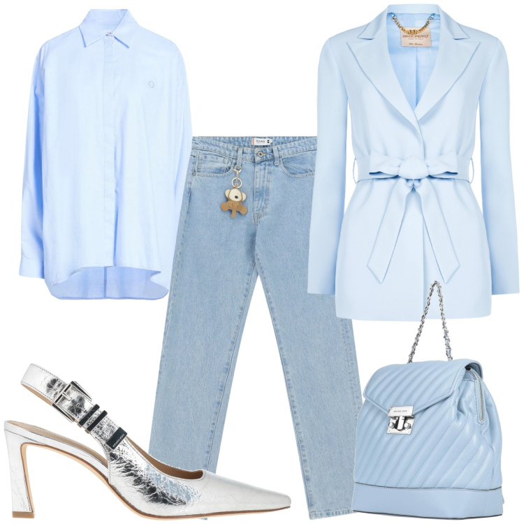 Outfit donna - Total look #2349348. Stile Casual chic per Ufficio. Abbinamento con zaini, camicie, décolleté, jeans dritti, blazer.