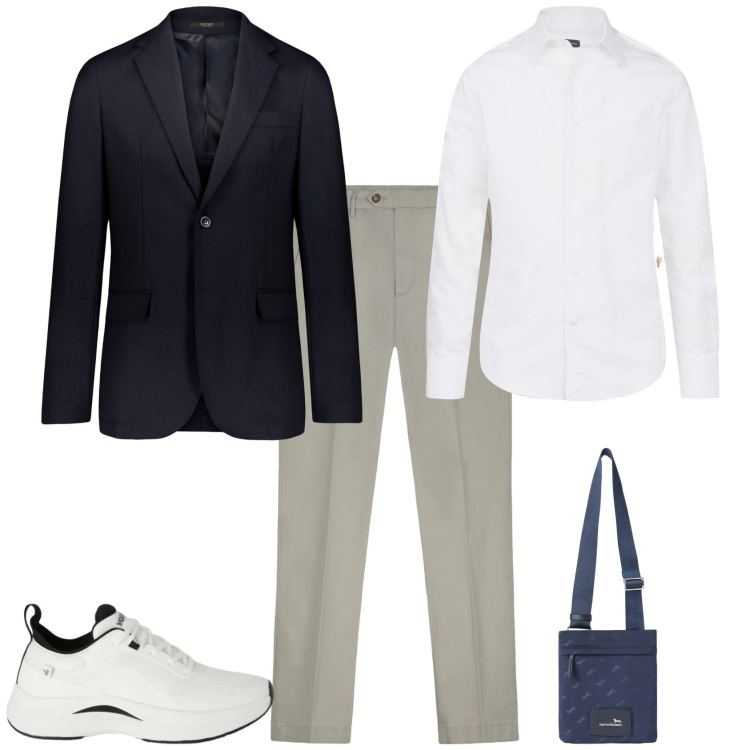 Outfit uomo - Business. Stile Business/Elegante per Ufficio. Abbinamento con borse sportive, giacche, pantaloni chino, camicie, sneakers.