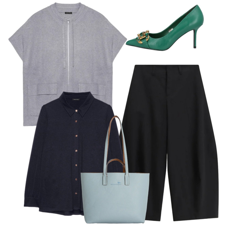 Outfit donna - Total look. Stile Bon Ton per Tutti i giorni. Abbinamento con décolleté, shopping bag, maglieria, camicie, pantaloni a palazzo.