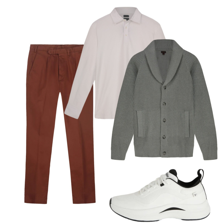 Outfit uomo - Febbraio. Stile Casual per Tutti i giorni. Abbinamento con sneakers, polo, pantaloni, cardigans.