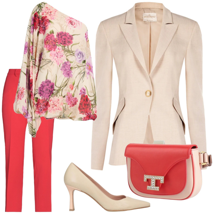 Outfit donna - Look. Stile Chic per Serata fuori. Abbinamento con marsupi, top, décolleté, pantaloni, blazer.