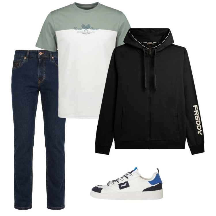 Outfit uomo - City. Stile Casual per Tutti i giorni. Abbinamento con sneakers, jeans, t-shirt, felpe con cappuccio.