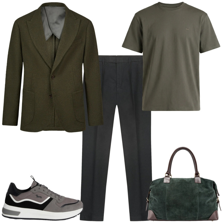 Outfit uomo - Trendy viaggio di lavoro. Stile Trendy per Tutti i giorni. Abbinamento con sneakers, t-shirt, giacche, borse sportive, pantaloni.