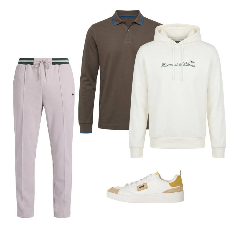 Outfit uomo - City. Stile Casual per Tutti i giorni. Abbinamento con sneakers, felpe con cappuccio, polo, pantaloni.