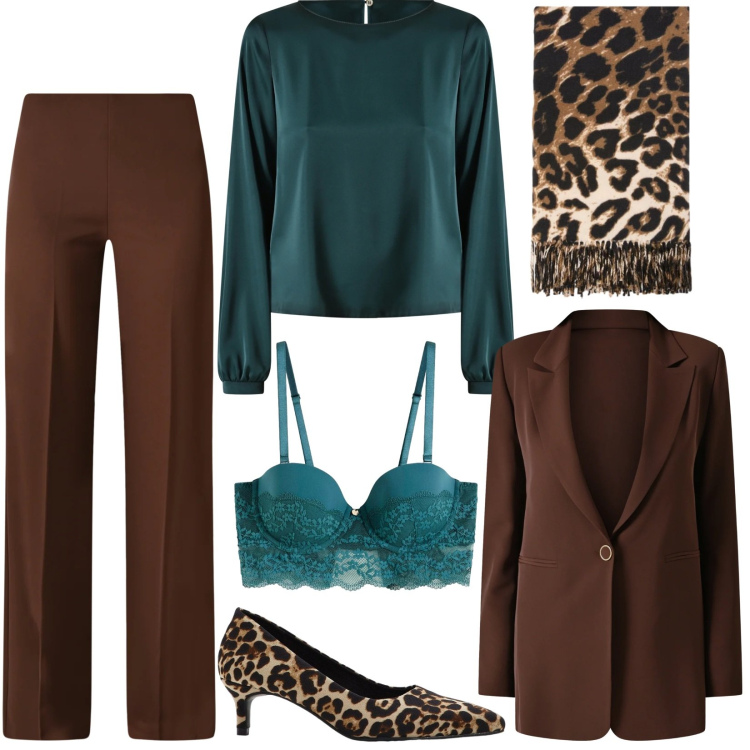 Outfit donna - Momenti eleganti. Stile Casual chic per Ufficio. Abbinamento con décolleté, reggiseni a balconcino, sciarpe, pantaloni a palazzo, blazer, bluse.