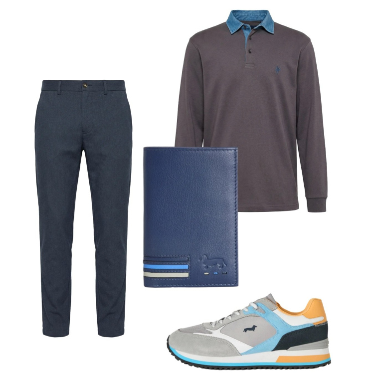 Outfit uomo - Febbraio. Stile Casual per Tutti i giorni. Abbinamento con sneakers, polo, portafogli, pantaloni chino.