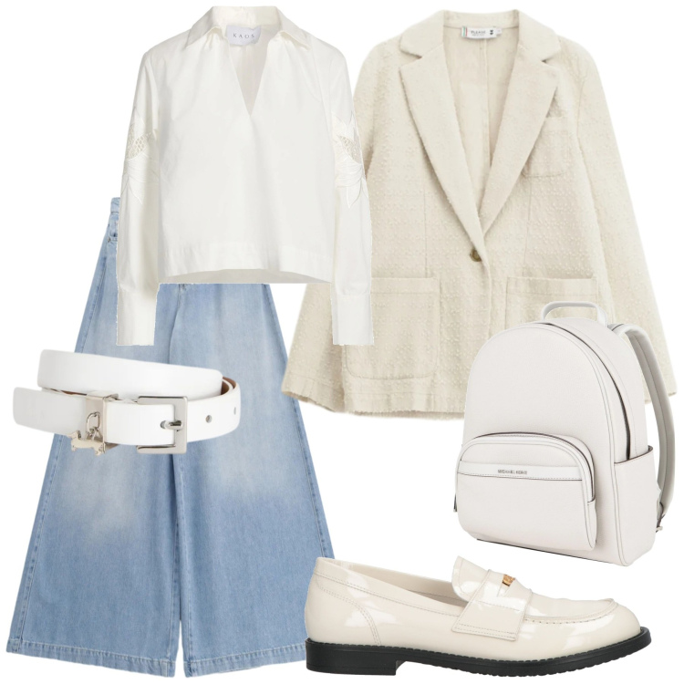 Outfit donna - Look. Stile Casual per Tutti i giorni. Abbinamento con top, zaini, mocassini, cinture, blazer, jeans.