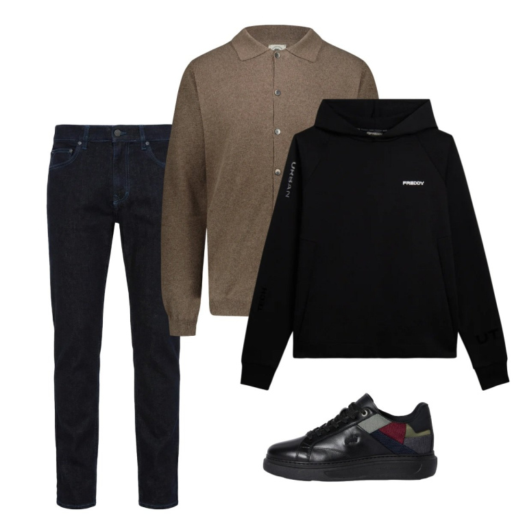 Outfit uomo - City. Stile Casual per Tutti i giorni. Abbinamento con jeans, sneakers, felpe con cappuccio, polo.