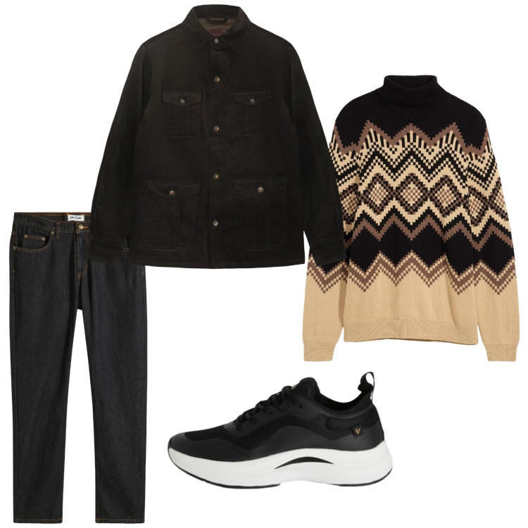 Outfit uomo - Maglione fantasia geometrica. Stile Casual per Tutti i giorni. Abbinamento con maglieria, jeans dritti, sneakers, cappotti.