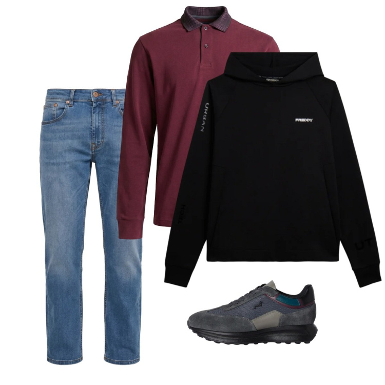 Outfit uomo - City. Stile Casual per Tutti i giorni. Abbinamento con jeans, sneakers, polo, felpe con cappuccio.
