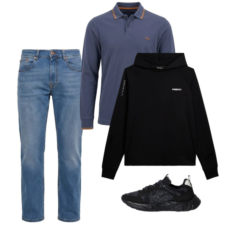 Outfit uomo - City. Stile Casual per Tutti i giorni. Abbinamento con jeans, sneakers, polo, felpe con cappuccio.