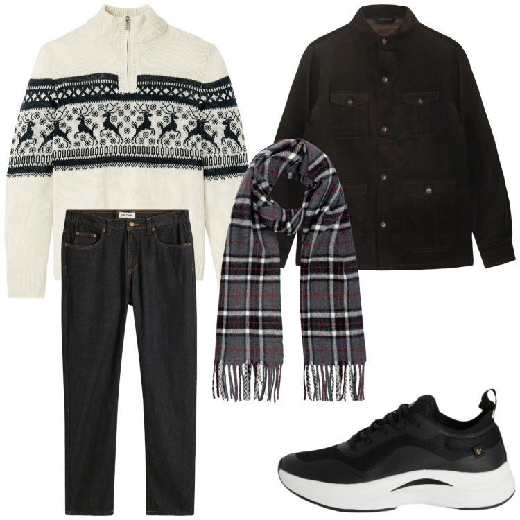 Outfit uomo - Classico in inverno. Stile Casual per Tutti i giorni. Abbinamento con jeans dritti, maglieria, sneakers, sciarpe, cappotti.