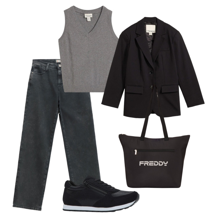 Outfit donna - Basica quotidiana. Stile Basic per Tutti i giorni. Abbinamento con maglieria, blazer, sneakers, shopping bag, jeans dritti.