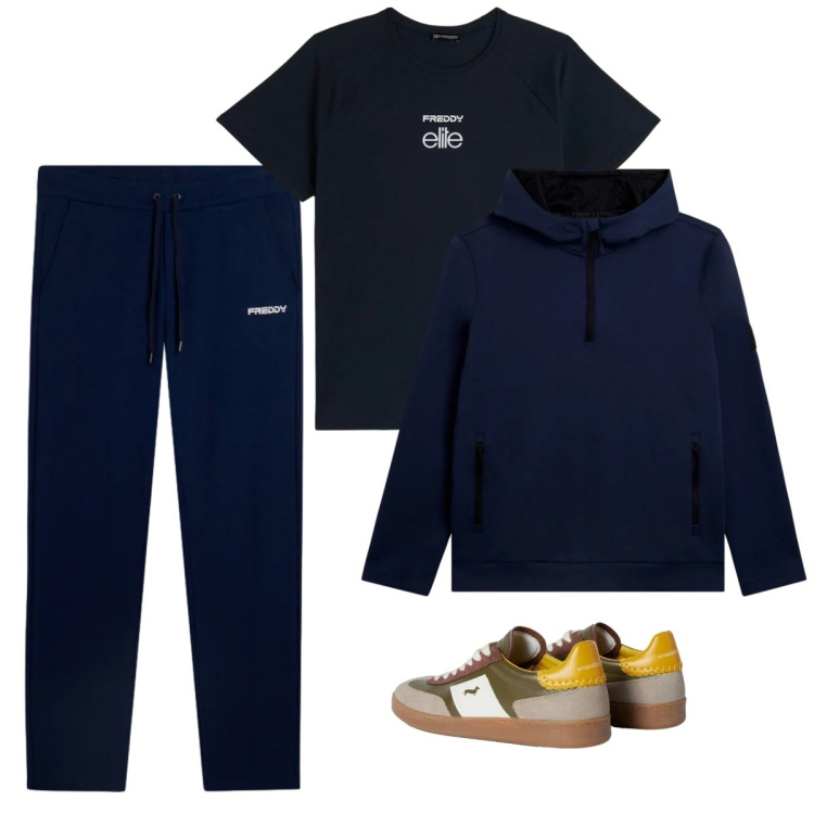 Outfit uomo - City. Stile Casual per Tutti i giorni. Abbinamento con sneakers, pantaloni sportivi, t-shirt, felpe con cappuccio.
