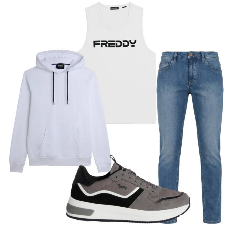 Outfit uomo - Total look #2349434. Stile Casual per Tutti i giorni. Abbinamento con jeans, sneakers, felpe con cappuccio, canottiere.