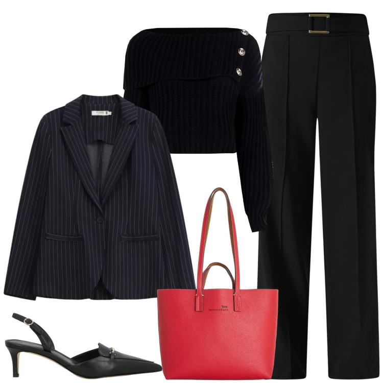 Outfit donna - A lavoro. Stile Casual chic per Ufficio. Abbinamento con décolleté, shopping bag, blazer, pantaloni, maglieria.
