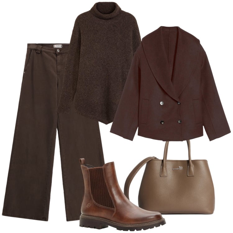 Outfit donna - Total brown. Stile Trendy per Tutti i giorni. Abbinamento con stivaletti, maglieria, caban, borse a tracolla, pantaloni a palazzo.