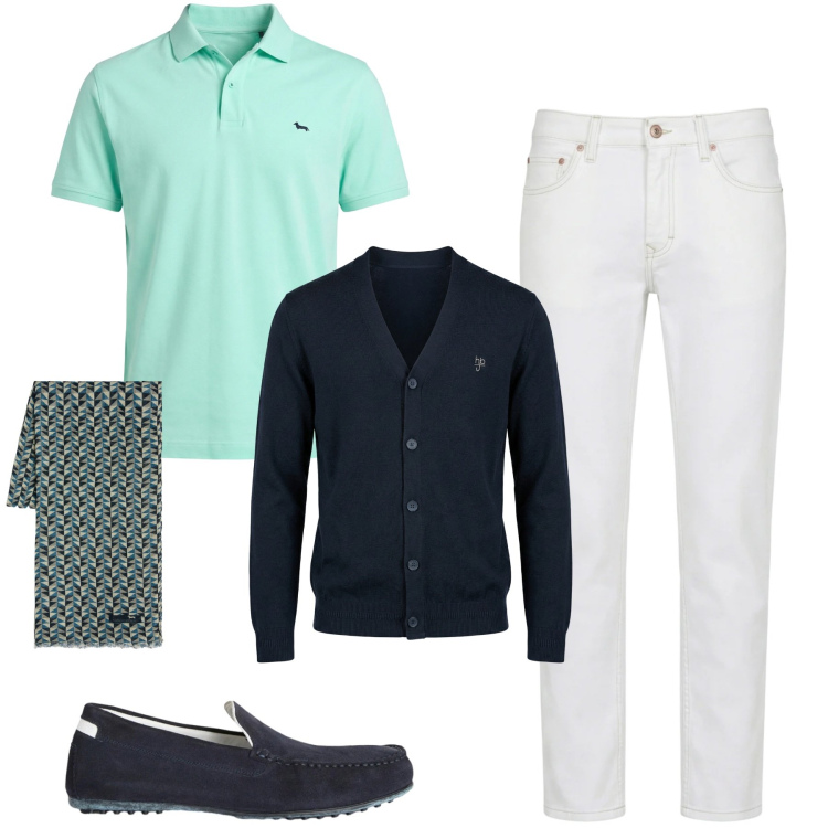 Outfit uomo - Marzo. Stile Urban per Tutti i giorni. Abbinamento con scarpe stringate, jeans, polo, cardigans, sciarpe.