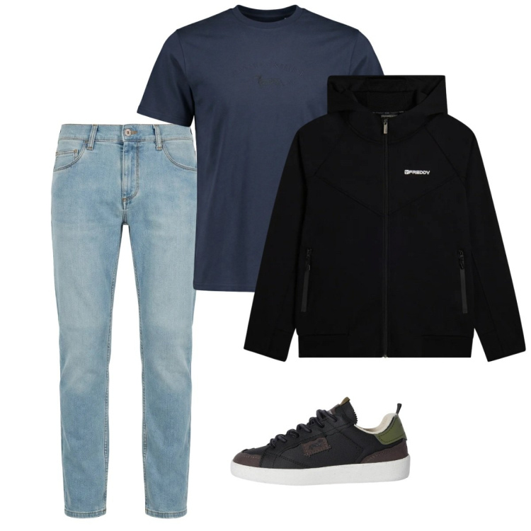 Outfit uomo - City. Stile Casual per Tutti i giorni. Abbinamento con jeans slim fit, sneakers, t-shirt, felpe con cappuccio.