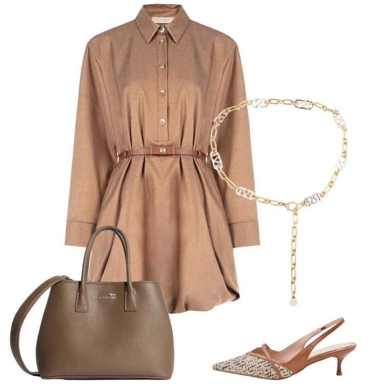 Outfit donna - Chic. Stile Bon Ton per Tutti i giorni. Abbinamento con borse a tracolla, décolleté, cinture, vestiti chemisier.