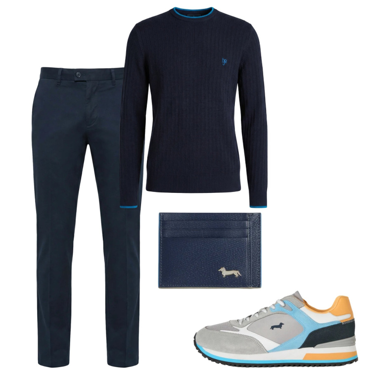 Outfit uomo - Febbraio. Stile Casual per Tutti i giorni. Abbinamento con sneakers, pantaloni chino, portafogli, maglieria.