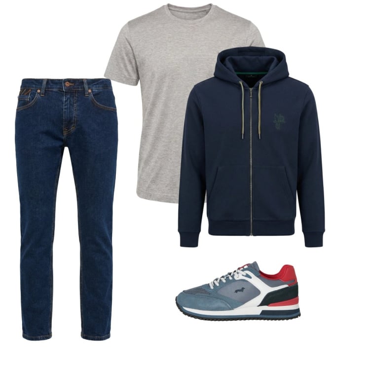 Outfit uomo - City. Stile Casual per Tutti i giorni. Abbinamento con sneakers, t-shirt, jeans, felpe con cappuccio.