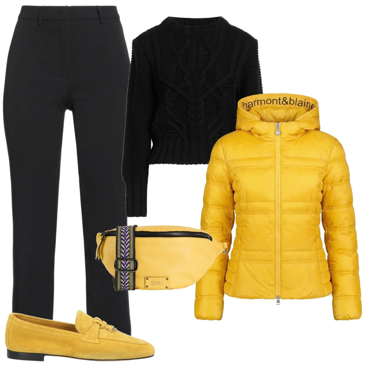 Outfit donna - Nero e giallo luminoso. Stile Casual per Ufficio. Abbinamento con pantaloni, mocassini, marsupi, pullovers, piumini.