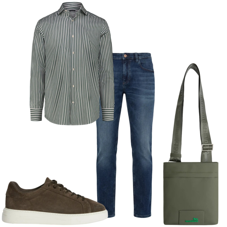 Outfit uomo - Tracolla jeans per la città. Stile Casual per Tutti i giorni. Abbinamento con sneakers, jeans, borse sportive, camicie.