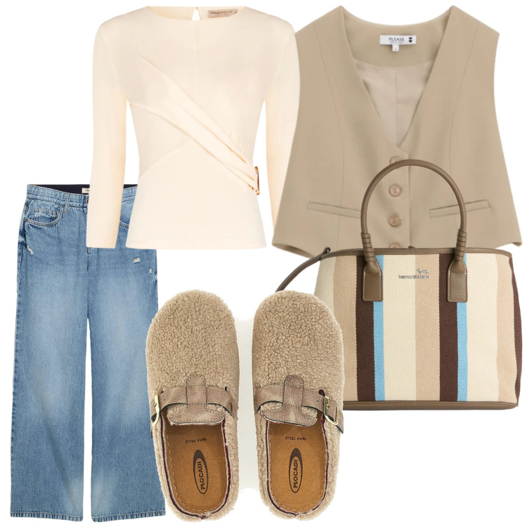 Outfit donna - Look. Stile Casual per Tutti i giorni. Abbinamento con jeans, shopping bag, gilet, bluse, pantofole.