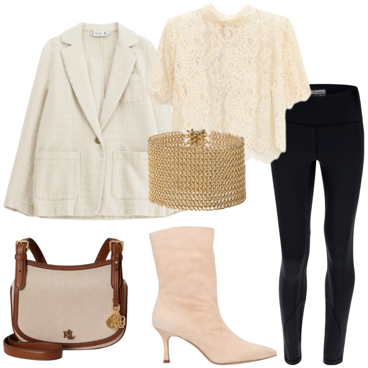 Outfit donna - Total look #2349466. Stile Glamour per Serata fuori. Abbinamento con stivaletti, top, blazer, leggings sportivo, borse a tracolla, braccialetti.