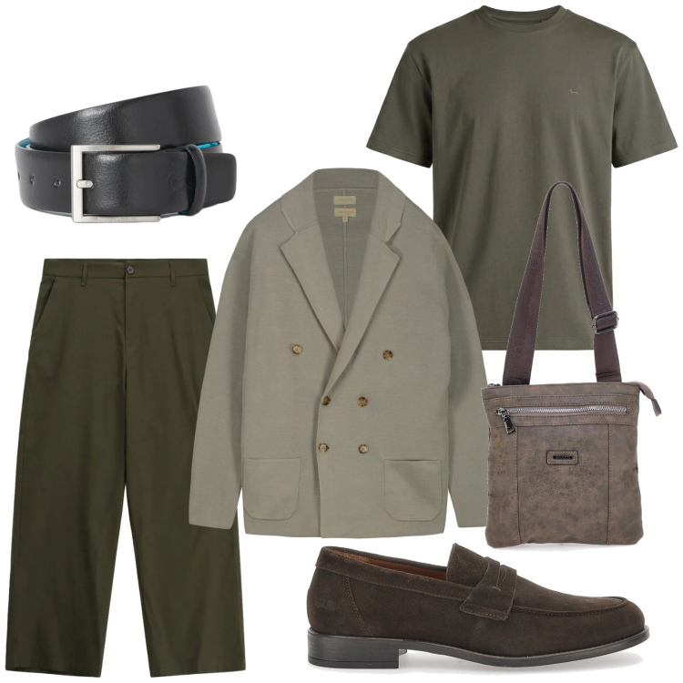 Outfit uomo - Verde di stagione. Stile Casual per Tutti i giorni. Abbinamento con t-shirt, cinture, pantaloni, scarpe stringate, portafogli, cardigans.