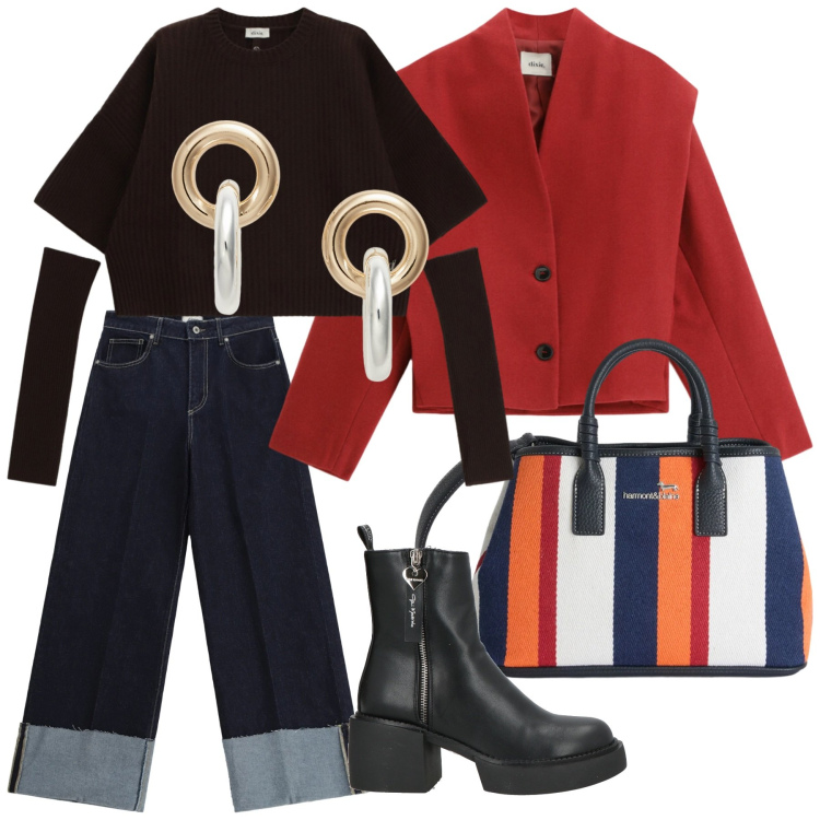 Outfit donna - Look. Stile Casual per Tutti i giorni. Abbinamento con stivaletti, shopping bag, blazer, jeans, maglieria, orecchini.