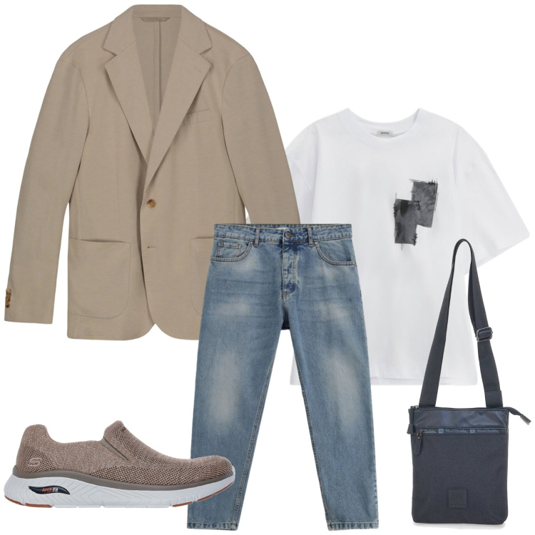 Outfit uomo - Look da aperitivo primaverile. Stile Casual per Tutti i giorni. Abbinamento con t-shirt, jeans, portafogli, giacche, sneakers.